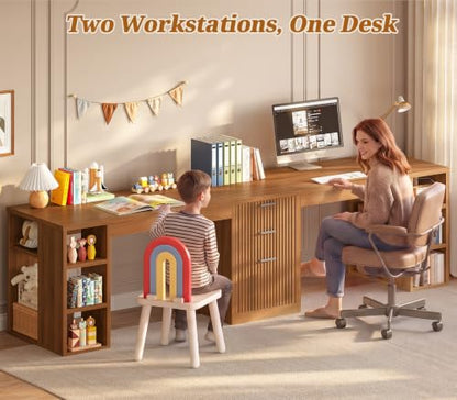 SEDETA Fluted 96.5" Computer Desk with Drawers, 2 Person Home Office Desk, Gaming Double Desk with Storage Shelves, Long Two Person Writing Desk, Brown - color: Fluted Brown