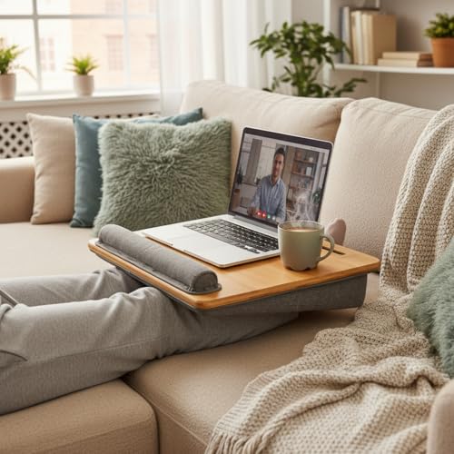 Bamboo Lap Desk for Laptop with Cushion Tablet Phone Holder Handle - size: 16.5"x13.4" Fixed