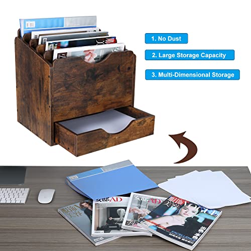 PAG-Mass Wood Desktop File Holder Organizer Mail Sorter with Drawer, for File Folders, Mails, Envelopes, Mailing Supplies or Magazines, 6 Compartments, Antique Brown