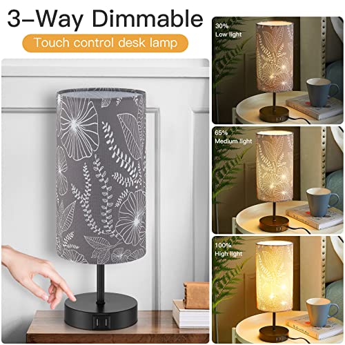 CINSARY Touch Control Bedside Lamp with 2 USB Ports, 3-Way Dimmable Table lamp for Bedroom, Nightstand Lamp with Round Grey Fabric Shade for Living Room Home Office (E26 LED Bulb Included) - color: Gray