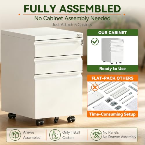 SAWJEC 3 Drawer Mobile File Cabinet Fully Assembled, White | 15"W x 17"D x 24"H, Fit Letter/Legal/A4, Vertical, Locking, Steel, Under Desk Storage, Filing Cabinet, Home Office - color: White, size: 24"H x 15"W x 17"D