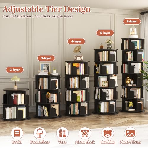 Aheaplus 5 Tier Wood Rotating Bookshelf, 360° Spinning Book Shelf Tower - color: Black, size: 6-Tier