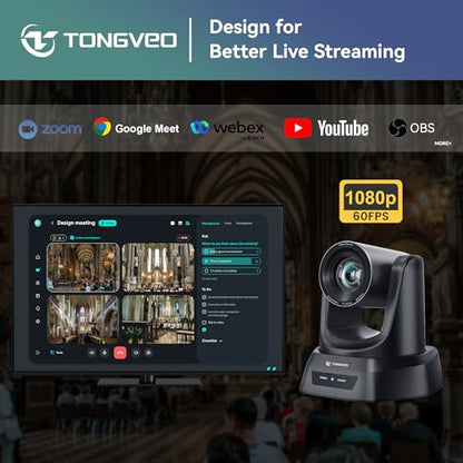 TONGVEO Conference Room PTZ Camera System with 20X Optical Zoom, AI Auto Tracking 1080P 60fps HDMI USB Webcam for Church Streaming Online Video Conference,Compatible with Zoom, OBS Easy Setup - color: Black