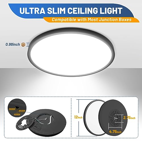 Allsmartlife Led Flush Mount Ceiling Light, 6 Pack 24W 12inch Round Led Surface Mount Light, Close to Ceiling Light Fixtures for Bedroom, Bathroom, Laundry Room, Kitchen - color: Black, size: 12inch 6-Pack