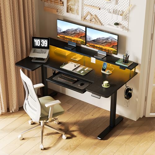 OffiGo 55 Inch U Shaped Electric Standing Desk with Keyboard Tray, Black - color: Black, size: 55 Inch