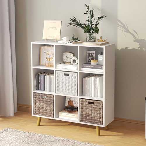 9-Cube Open Shelf Bookcase - 3-Tier Wooden Floor-Standing Bookshelf with Legs and Backpanel, Ideal for 11-inch Fabric Storage Bins and Miscellaneous Organizer, White - color: White, size: 9-Cube