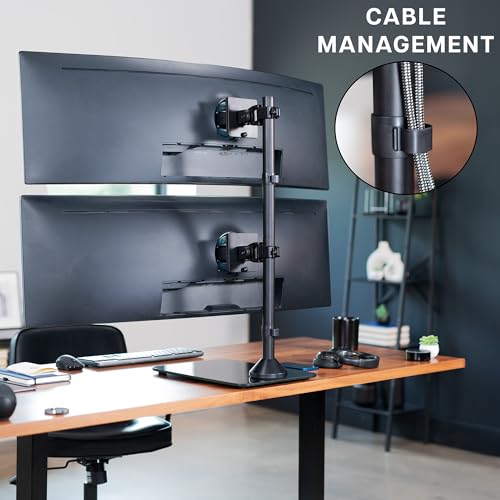 VIVO Dual Vertically Stacked Ultra-Wide Monitor Desk Stand with Glass Base, Extra Tall Adjustable Mount for 2 Ultrawide Screens up to 49 inches, 44 lbs Per Screen Capacity, Black, STAND-V202LG - size: Up to 49", style: Tempered Glass Base