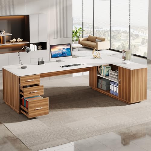 Tribesigns 85.8-Inch L-Shaped Executive Desk, Extra Large Home Office Desk - color: White & Brown