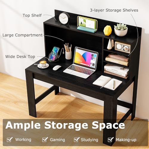 Tangkula Computer Desk with Hutch & Charging Station, Home Office Writing Study Desk with Storage Shelves, Cable Management Hole, Laptop Desk, Desk for Bedroom, Computer Workstation (Black) - color: Black