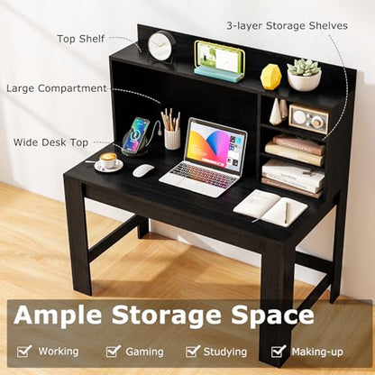 Tangkula Computer Desk with Hutch & Charging Station, Home Office Writing Study Desk with Storage Shelves, Cable Management Hole, Laptop Desk, Desk for Bedroom, Computer Workstation (Black) - color: Black