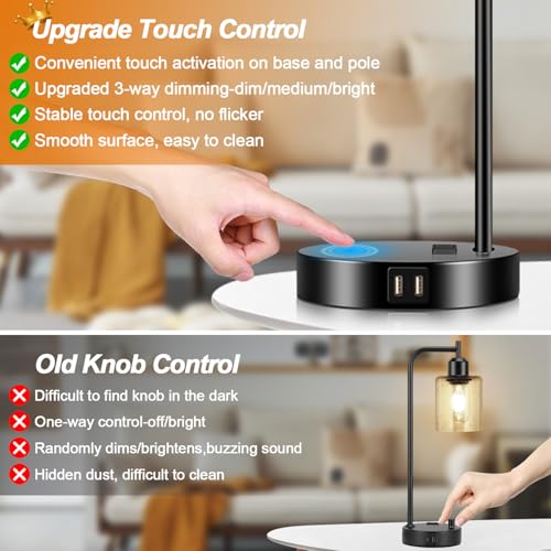 Set of 2 Industrial Touch Control Table Lamps with 2 USB Ports and AC Outlet - 3-Way Dimmable Black Bedside Lamp Nightstand Desk Lamps for Bedroom Living Room, Amber Glass Shade & 2 LED Bulbs Included - color: Black(2 pack)-Amber Glass-Touch Control