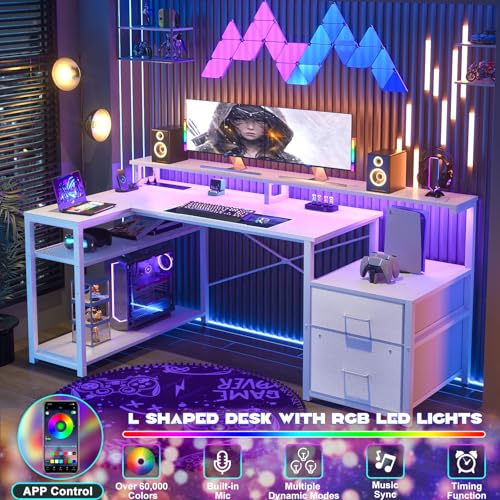 Aheaplus L Shaped Desk with File Drawer, Reversible L Shaped Gaming Desk - color: White