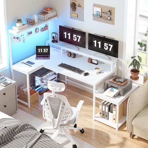 EnHomee 56" L Shaped Desk with Power Outlets & LED Lights for Bedroom,White - color: White, size: 56"W