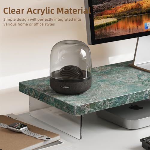Dual Monitor Stand Riser, 40x10 in Wood & Acrylic Desktop Organizer Shelf - color: Emerald Blue Stone, size: 40*10 Inch