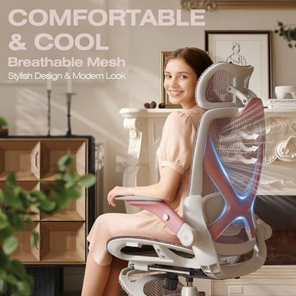 ELABEST X100 Ergonomic Mesh Office Chair with Footrest, Big and Tall Home Desk Chair with 5D Flip-Up Arms, Adjustable 3D Lumbar Support, Gaming & Executive Computer Chair (Peach Blossom) - color: Peach Blossom