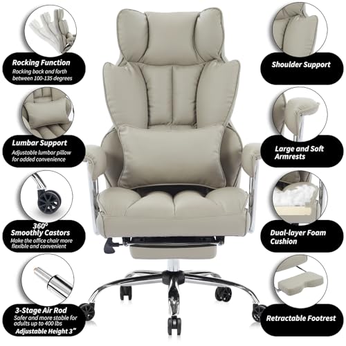 Efomao Big and Tall Office Chair 400lbs – High Back Executive Chair with Swivel Base, PU Leather Upholstery, Lumbar Pillow, Padded Armrests, and Rolling Wheels，Grey Computer Chair - color: 3008y Grey