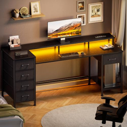 Korfile 61 Inch Gaming Computer Desk with Power Outlets,LED,5 Drawers,Black - color: Black, size: 61 Inch