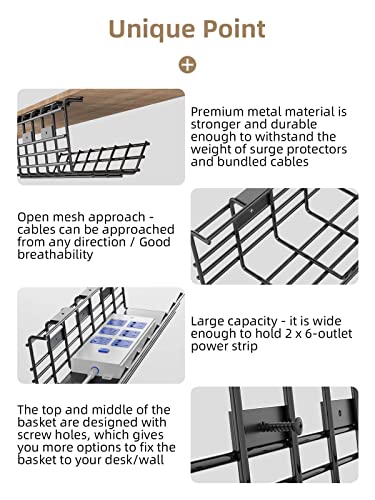 2 Pack DELAMU Under Desk Cable Management Tray, Large Metal Cord Organizer, Office & Home Cord Wire Management Under Desk Shelf, Easy Install Pre-drilled Cable Organizer, Black
