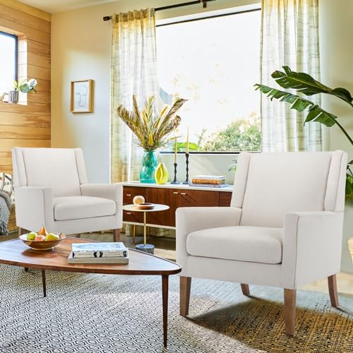COLAMY Modern Wingback Living Room Chair, Upholstered Fabric Accent Armchair, Single Sofa Chair with Lounge Seat and Wood Legs for Office/Bedroom/Reading Spaces, Beige