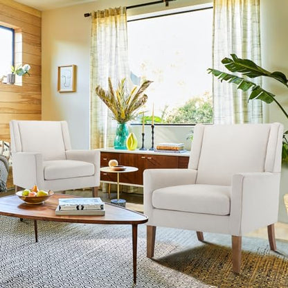 COLAMY Modern Wingback Living Room Chair, Upholstered Fabric Accent Armchair, Single Sofa Chair with Lounge Seat and Wood Legs for Office/Bedroom/Reading Spaces, Beige