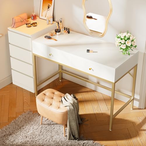 SUPERJARE White and Gold Vanity Desk with Drawers, 47 inch Computer Desk - color: White and Gold, size: 47 inch