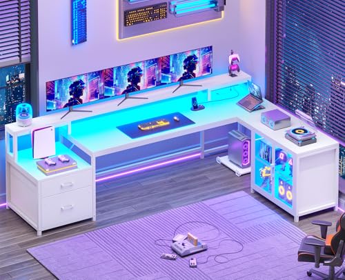 SEDETA 78.7” Large Gaming Computer Desk with Storage Drawers, Reversible L Shaped Office Desk with Display Cabinet and Power Outlet, Corner Gaming Desk with LED Lights for Home Office, White - color: White