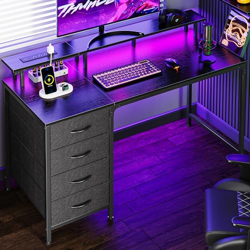 Huuger 47 Inch Computer Desk with Power Outlets and LED Lights, Gaming Desk with 4 Drawers, Office Desk with Monitor Stand, Study Work Home Office, Small Spaces, Black - color: Black, size: 47 INCH