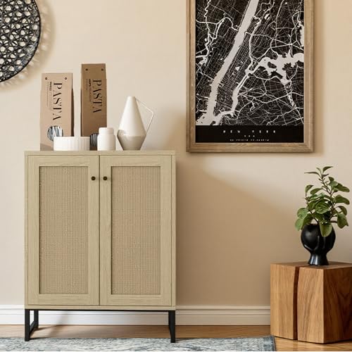 Panana Rattan Decorated 2 Doors Storage Cabinet Accent Cabinet Living Room Cupboard Kitchen Sideboard Buffet Table (Natural)
