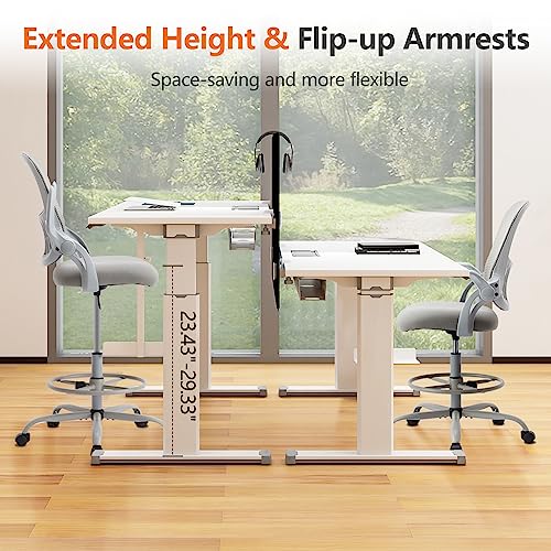 Sweetcrispy Tall Drafting Chair, High Office Desk Chair with Lumbar Support | Adjustable Height, Comfy Flip-up Arm, Footrest, 360° Rolling Counter Stool, Grey - color: Grey, size: 48.4 inches (H) x 24 inches (W) x 25.2 inches (D)