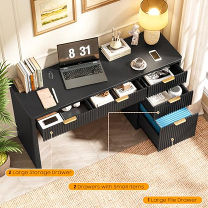 Vabches 59" Fluted Executive Desk with Adjustable File Drawer, Pure Black | Workstation,Computer Desk with 4 Storage Drawers, for Home Office, Study, Writing