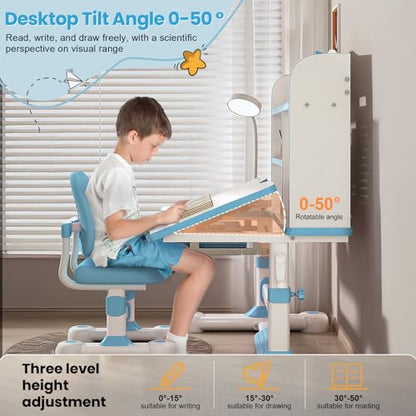 Kid Study Desk and Chair Set 3-12 Height Adjustable Ergonomic Desk | School Art Desk, 50° Tiltable Desktop, Easy-Turn Crank, Storage Drawer & Built-in Bookstand for Children Boys & Girls - color: 013-blue-31.5in