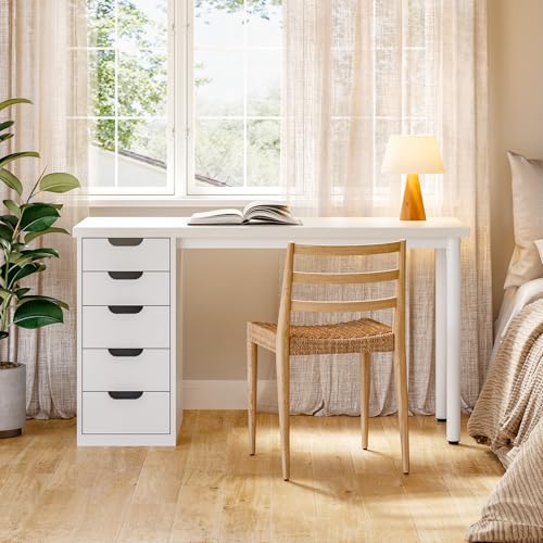 LITTLE TREE Computer Desk with 5 Drawers, 47 Inch White Modern Simple Study Writing Desk with Metal Frame, Work Desk for Home Office - color: White