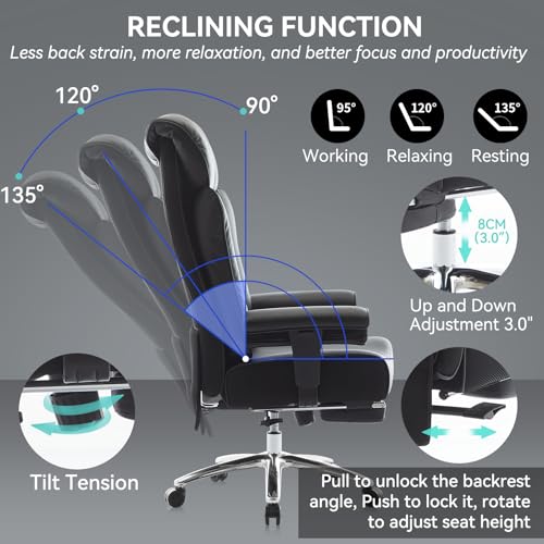 Efomao Big and Tall Executive Office Chair 450lbs,Black | 5.9" Thick Pocket Spring Cushion, Reclining Breathable PU Leather Desk Chair with Foot Rest, Soft Comfortable Support - color: 3060r-black