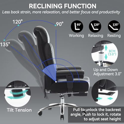 Efomao Big and Tall Executive Office Chair 450lbs,Black | 5.9" Thick Pocket Spring Cushion, Reclining Breathable PU Leather Desk Chair with Foot Rest, Soft Comfortable Support - color: 3060r-black