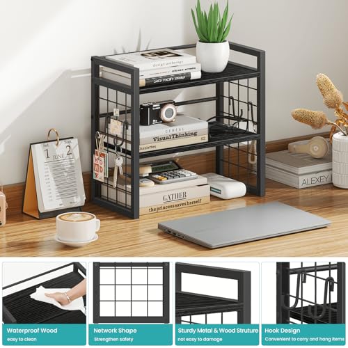 ELITEROO Desk Shelf Organizer, 2 Tier Wooden Desktop Bookshelf, Black - color: Black