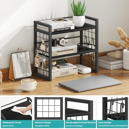 ELITEROO Desk Shelf Organizer, 2 Tier Wooden Desktop Bookshelf, Black - color: Black