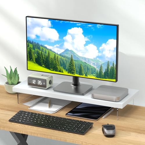 Monitor Stand Riser, 25x10 in Wood & Acrylic Computer Desk Organizer Shelf - color: White, size: 25*10 Inch