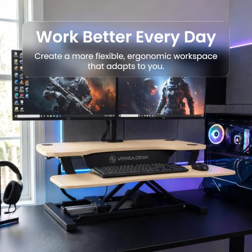 VERSADESK PowerPro 36” x 24” Standing Desk Converter | 36 Inch Electric Height Adjustable Sit to Stand Desk Riser w/Keyboard Tray & USB Hub - Ergonomic Workstation for Home & Office, Maple - color: Maple