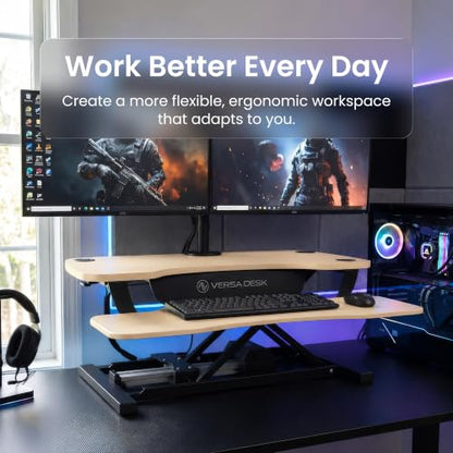 VERSADESK PowerPro 36” x 24” Standing Desk Converter | 36 Inch Electric Height Adjustable Sit to Stand Desk Riser w/Keyboard Tray & USB Hub - Ergonomic Workstation for Home & Office, Maple - color: Maple