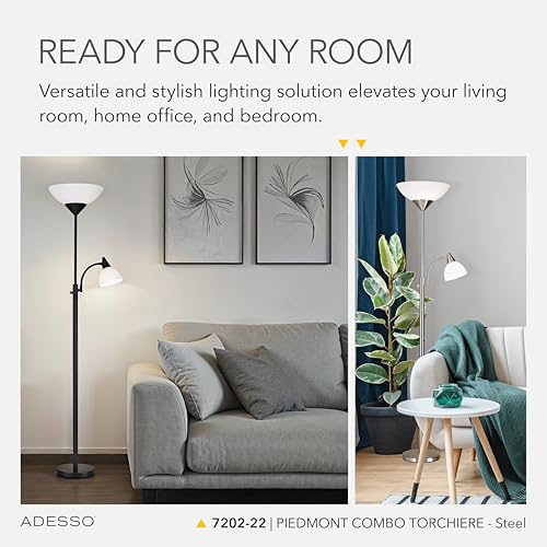 Adesso Floor Lamp, Brushed Steel, Dual-Socket, Adjustable Reading Light 71” - color: Brushed Steel