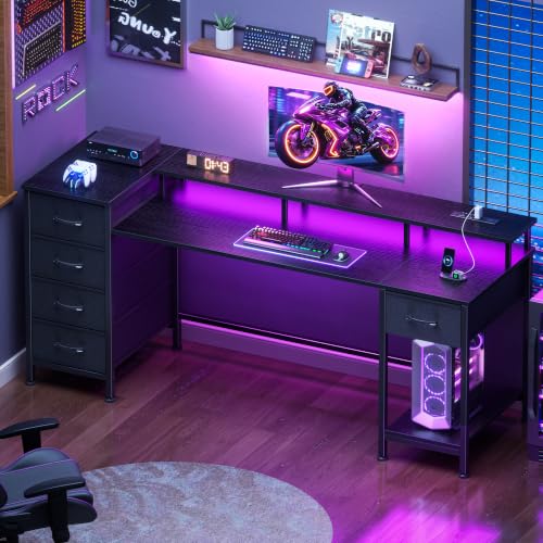 Korfile 61 Inch Gaming Computer Desk with Power Outlets,LED,5 Drawers,Black - color: Black, size: 61 Inch