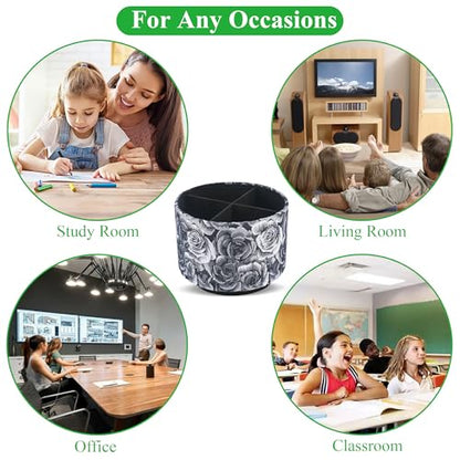 Round Leather Art Supply Organizer,Remote Control Holder,360 Degree Rotating,Multi-Functional Pencil Holder,4 Compartments Desktop Stationary Organizer(1-3D Black Grey) - color: 1-3D Black Grey