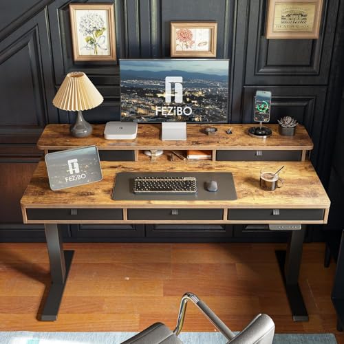 FEZIBO Height Adjustable Electric Standing Desk with 5 Drawers, 55 x 24 Inch Table with Storage Shelf, Sit Stand Desk Black Frame/Rustic Brown Top, 55 inch