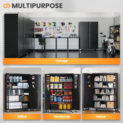 Deep & Wide Rolling Garage Cabinets, Metal Storage Cabinet with Wheel - color: Black, size: 71"H x 43.3"W x 20"D-E