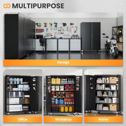 Deep & Wide Rolling Garage Cabinets, Metal Storage Cabinet with Wheel - color: Black, size: 71"H x 43.3"W x 20"D-E