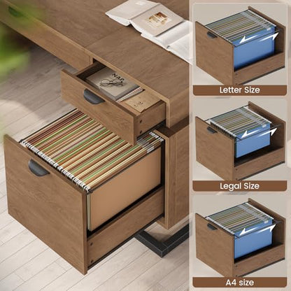 63" W x 27.6" D Executive Desk with 2 Cabinets & Power Outlet - color: Wood Grain Brown, size: Geometric Metal Legs