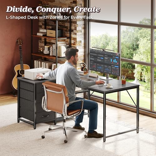 PRAISUN 43.3" Small L Shaped Desk with Power Outlets & 4 Drawers - color: Grey, size: 43.3 Inch