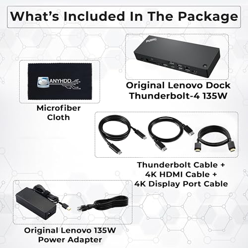 40B00135US Lenovo Thinkpad Docking Station USB C - 1 Year Warranty, Supports 4K Display, Thunderbolt 4 Dock with 135W Adapter, HDMI, DisplayPort, Thunderbolt Cables & Cloth - Lenovo Docking Station