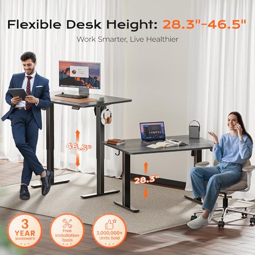 Huuger 48 x 28 Large Electric Standing Desk, Height Adjustable Desk, 27.6" Deep Desktop, Stand up Gaming, 2 Hooks, 3 Preset Heights, for Home Office, Grey - color: Grey, size: 48*28 inch (no outlets)