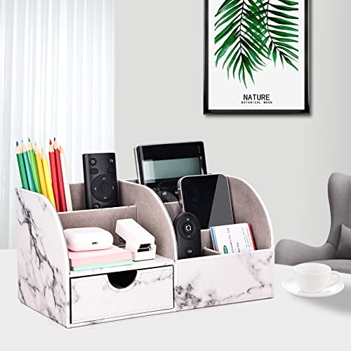 KINGFOM Pu Leather Desk Organizer Pen Pencil Holder Office Supplies Caddy Storage Box 6 Compartments with Drawer Gray Marble - color: Half Pu-gray Marble